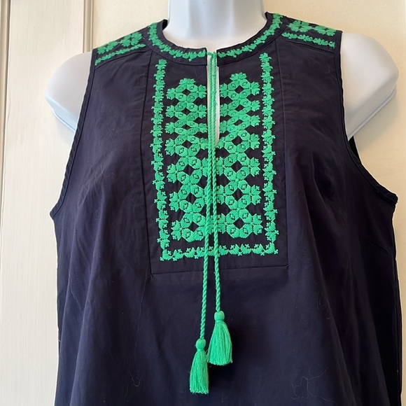 J Crew Sleeveless Embroidered Tassel Tank Top Size 0 Navy Blue Green Preppy Boho - Picture 3 of 17